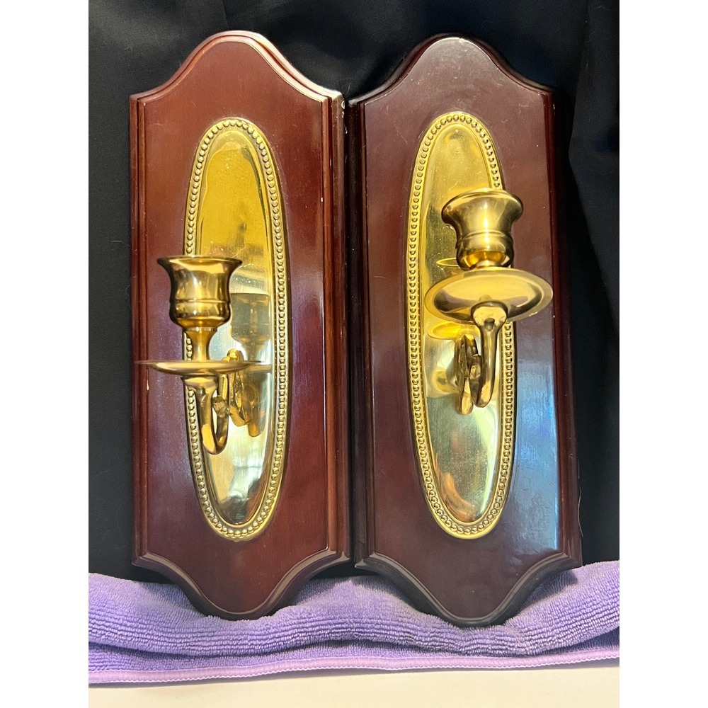 Vintage 1988 Wood Brass Wall Sconce Candle Holders Pair‎ Made In Korea